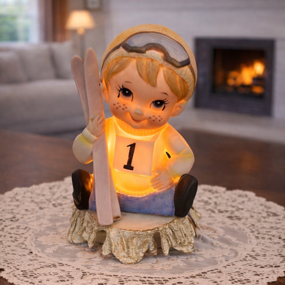 Vintage 70’s Aladdin Giftware Skiing Boy Nightlite
